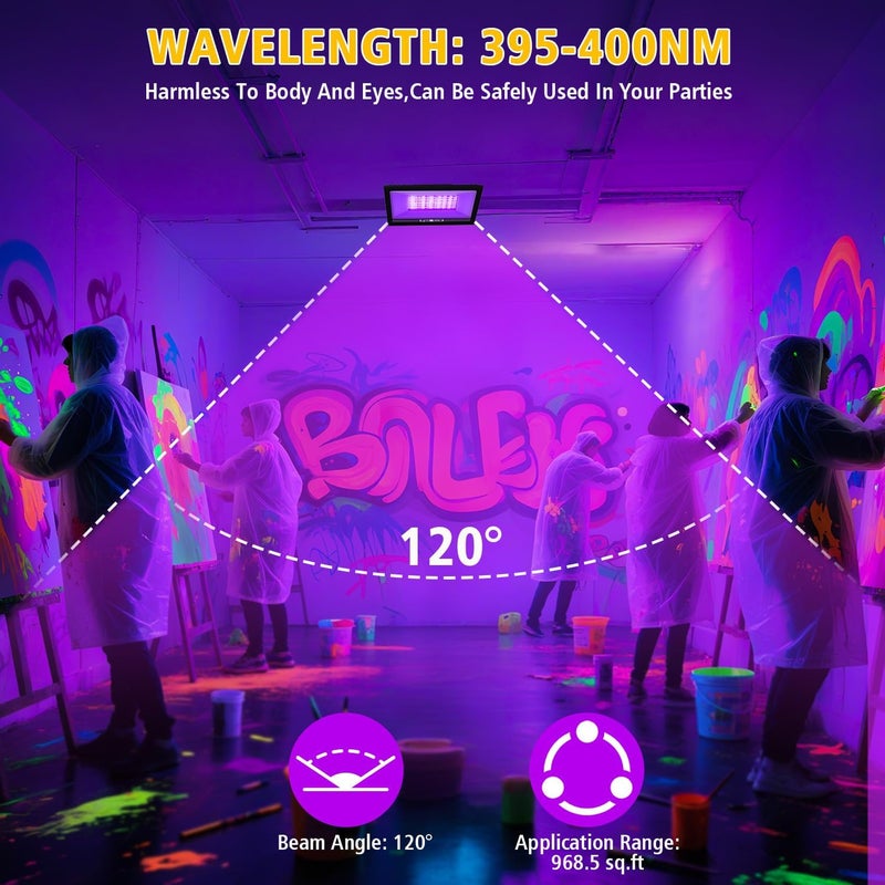 T-SUN 2 Pack 100W LED Black Lights, Blacklight Flood Light with Plug, Halloween Blacklight Outdoor, IP66 Waterproof Flood Light for Glow Party, Body Paint, Fluorescent Poster, Stage, Neon Glow - Image 2